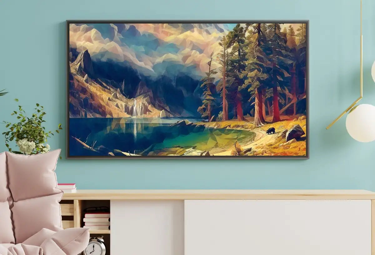 Detail view of artwork from Rocky Mountains Landscape Painting w/ Bear, Frame TV Art, Digital Download, Digital Art for TV, Colorful Wall Art, Artwork for The Frame TV. (variation 2)