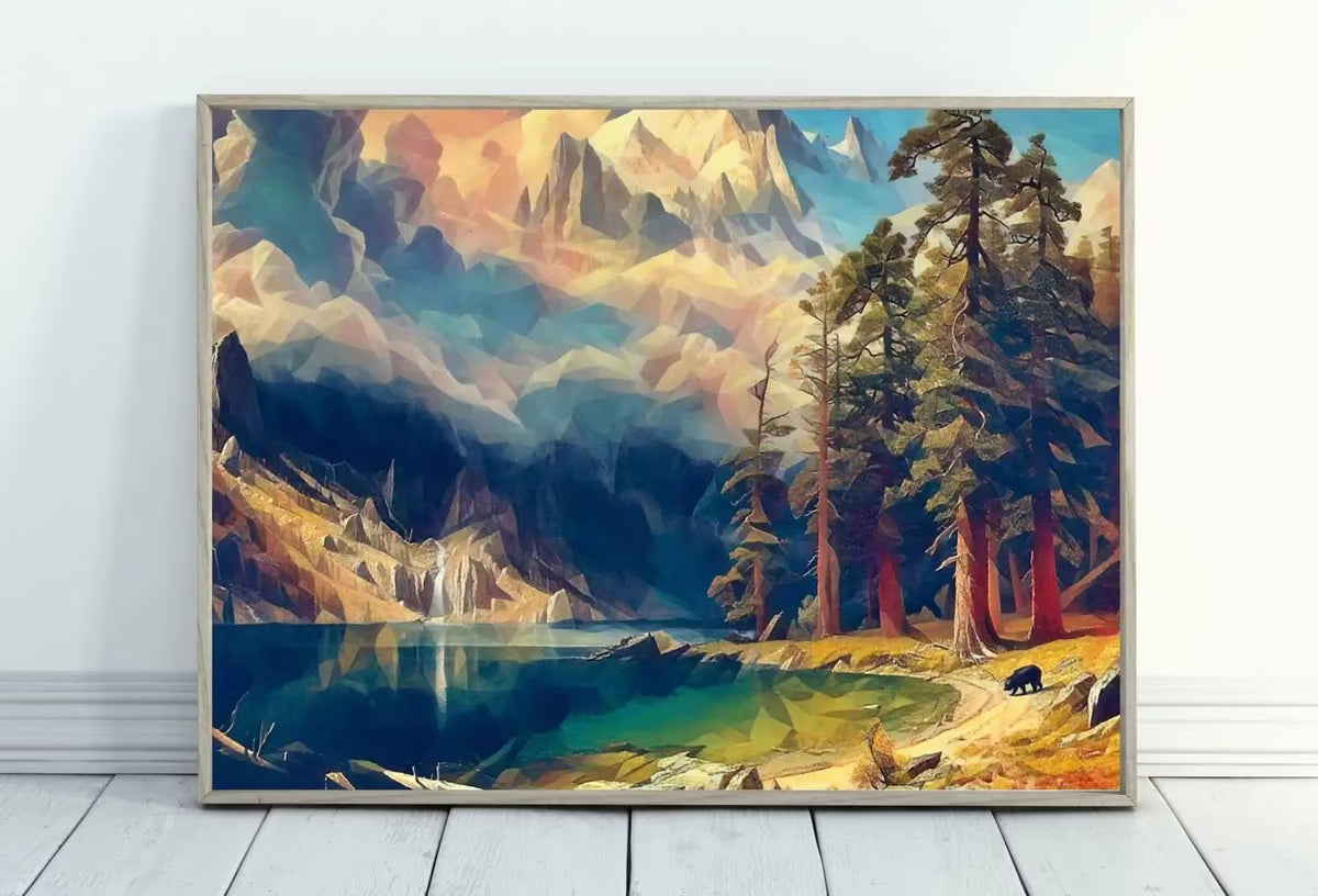 Rocky Mountains Landscape Painting with a Bear, Colorful Printable Wall Art, Home or Office Decor, Nature Print Digital Art Instant Download – Printable Wall Art