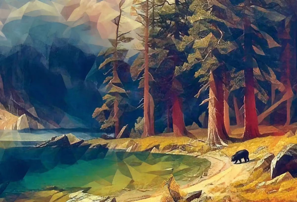 Rocky Mountains Landscape Painting with a Bear, Colorful Printable Wall Art, Home or Office Decor, Nature Print Digital Art Instant Download – Printable Wall Art