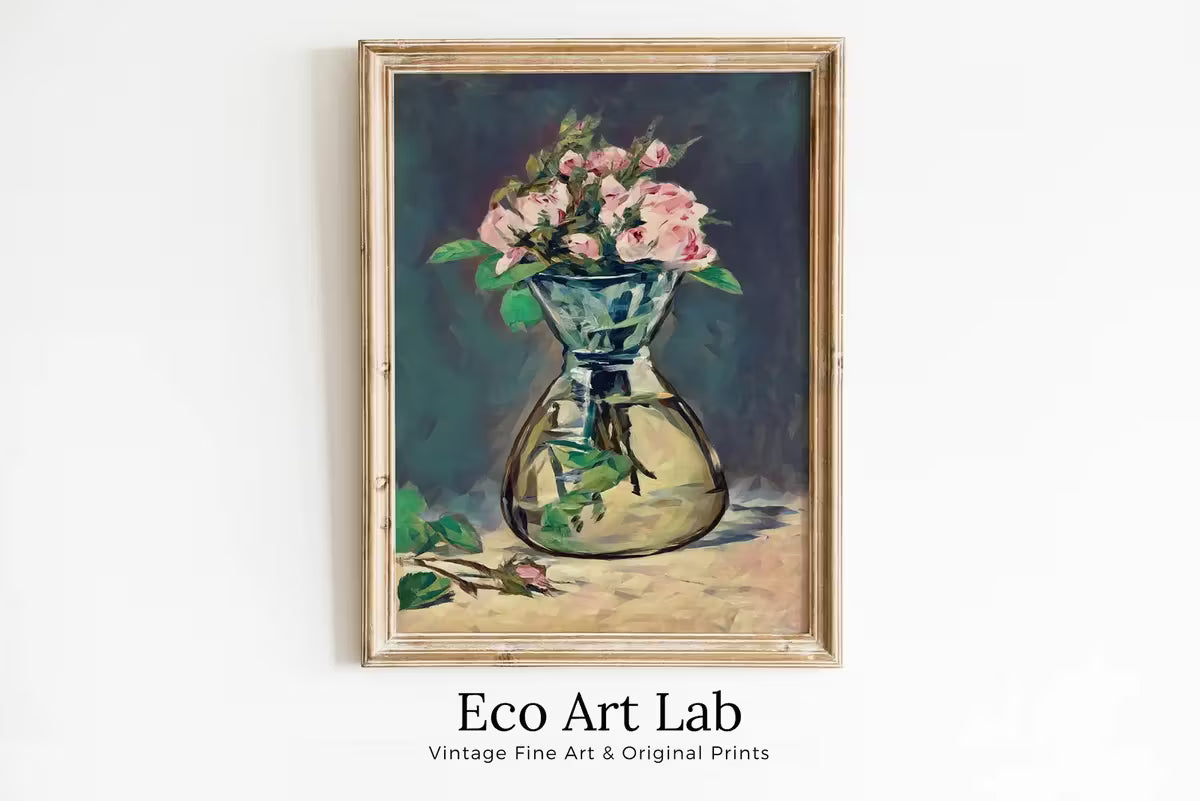 Roses in Glass Vase Botanical Still Life Painting Printable Digital Wall Art. Remastered Vintage Print Retro Style Colorful Instant Download – Printable Wall Art