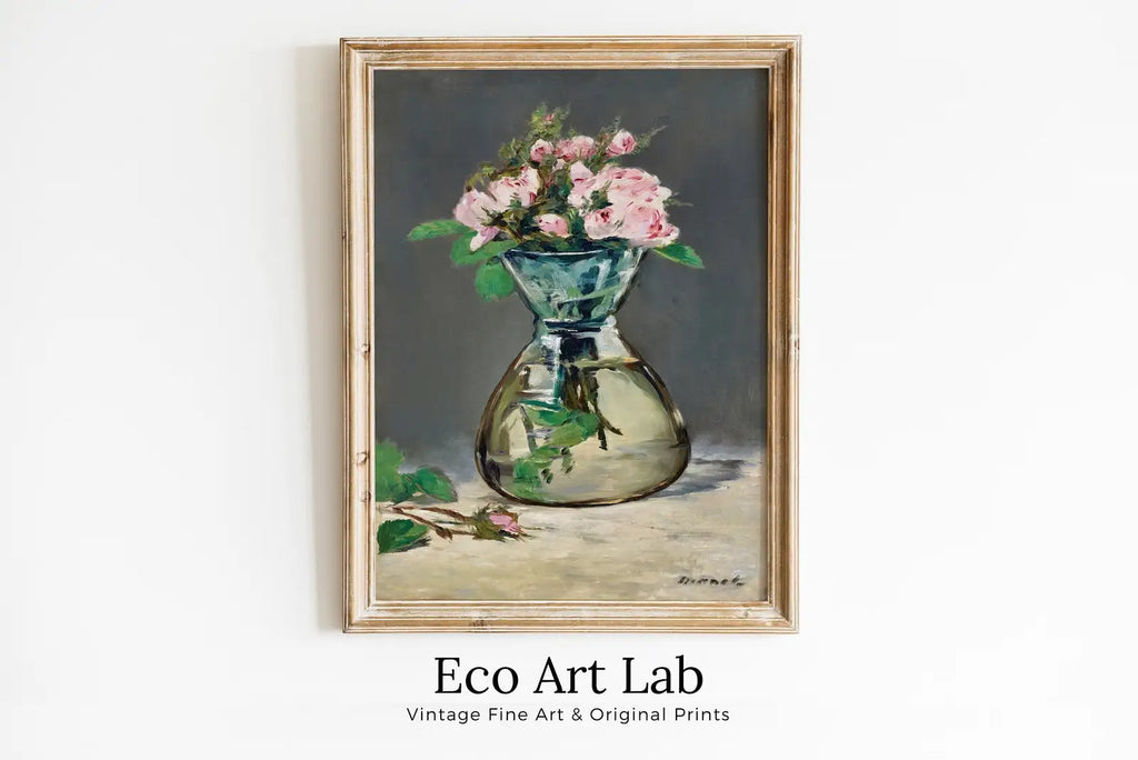 Framed view of Roses in Vase Painting, Famous Édouard Manet Art Print. Instant Download Printable Manet Fine Art. Vintage Still Life Pink Roses Painting – printable wall art digital download.