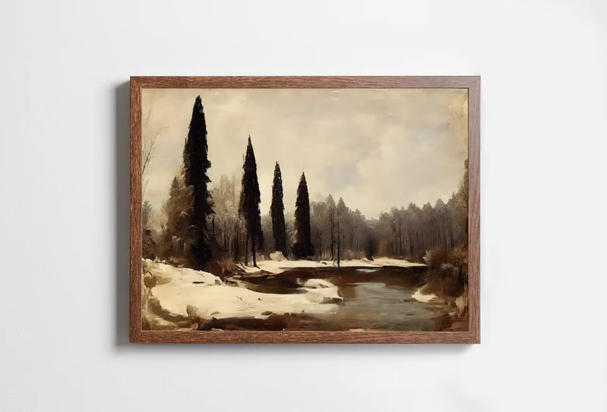 Rustic Winter Landscape Printable Painting. Winter Art Muted Colors . Country Decor Nature Landscape Moody Vintage Art Print – Printable Wall Art