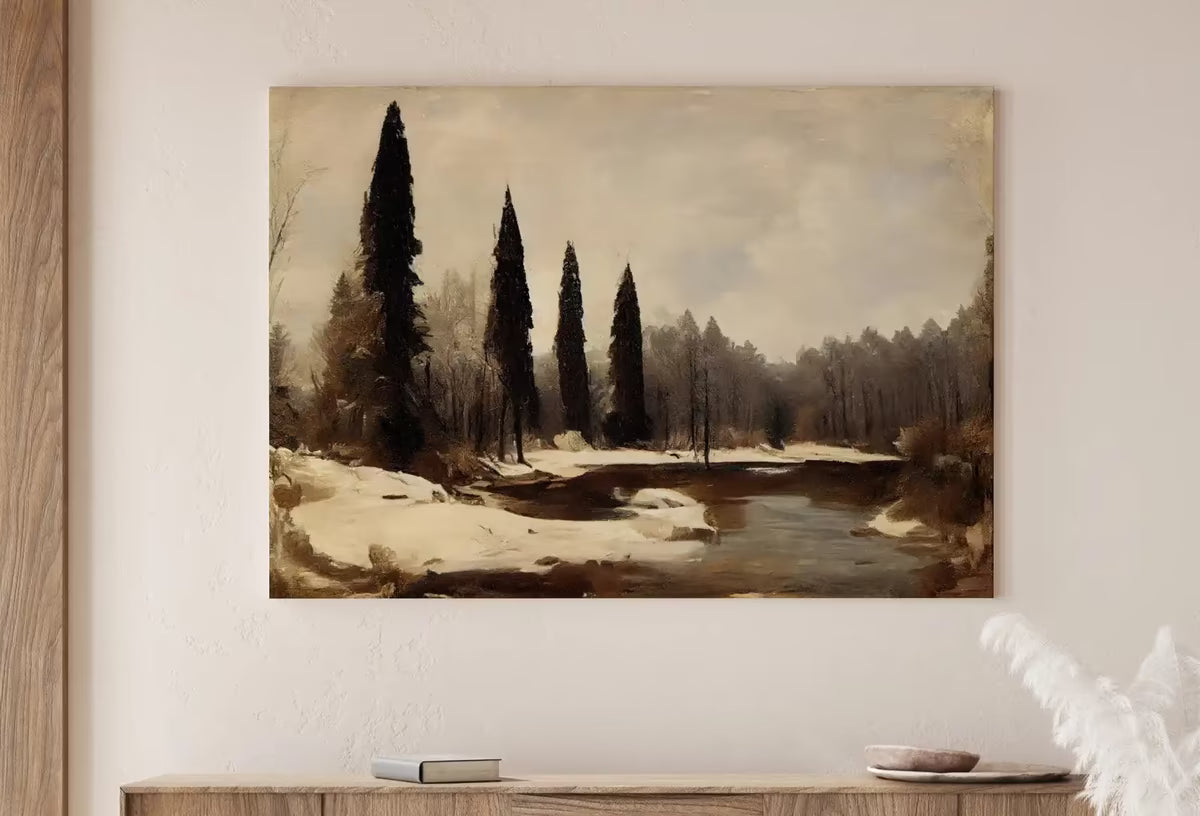 Rustic Winter Landscape Printable Painting. Winter Art Muted Colors . Country Decor Nature Landscape Moody Vintage Art Print – Printable Wall Art