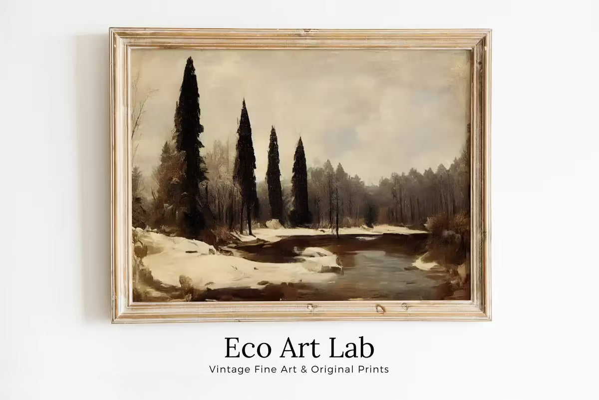 Rustic Winter Landscape Printable Painting. Winter Art Muted Colors . Country Decor Nature Landscape Moody Vintage Art Print – Printable Wall Art