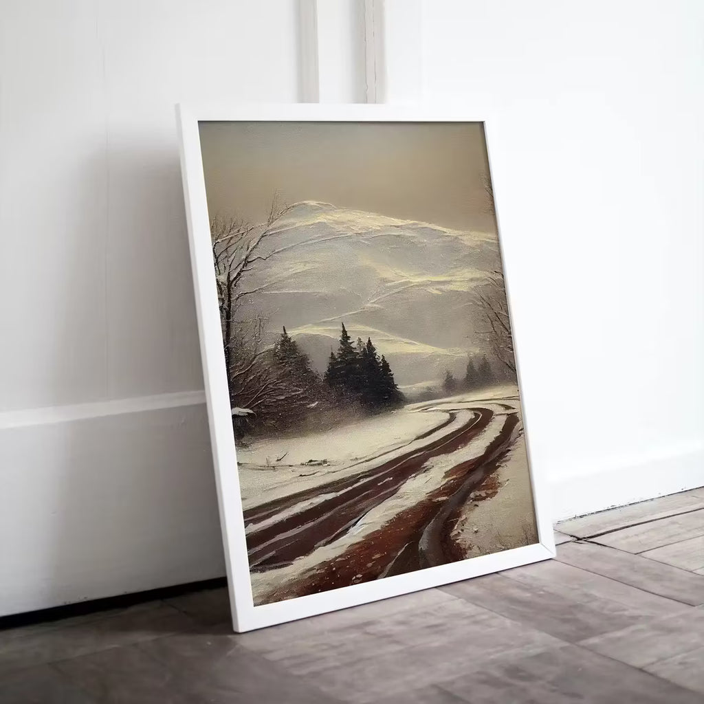 Rustic Winter Painting. Vintage Snowy Road and Mountain Landscape Art Print. Muted Winter Landscape Painting. Printable  – Printable Wall Art