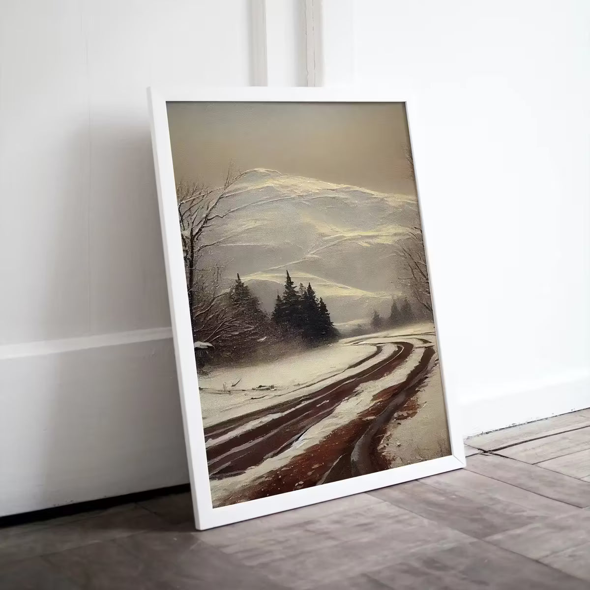 Rustic Winter Painting. Vintage Snowy Road and Mountain Landscape Art Print. Muted Winter Landscape Painting. Printable  – Printable Wall Art