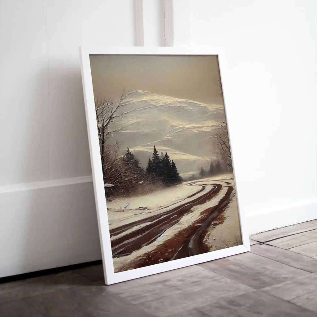 Included artwork preview showing first selection of artworks from Rustic Winter Painting. Vintage Snowy Road and Mountain Landscape Art Print. Muted Winter Landscape Painting. Printable Digital Download.