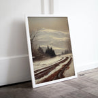 Included artwork preview showing first selection of artworks from Rustic Winter Painting. Vintage Snowy Road and Mountain Landscape Art Print. Muted Winter Landscape Painting. Printable Digital Download.