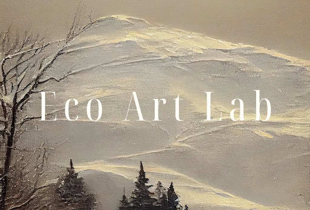 Detail view of artwork from Rustic Winter Painting. Vintage Snowy Road and Mountain Landscape Art Print. Muted Winter Landscape Painting. Printable Digital Download. (variation 1)