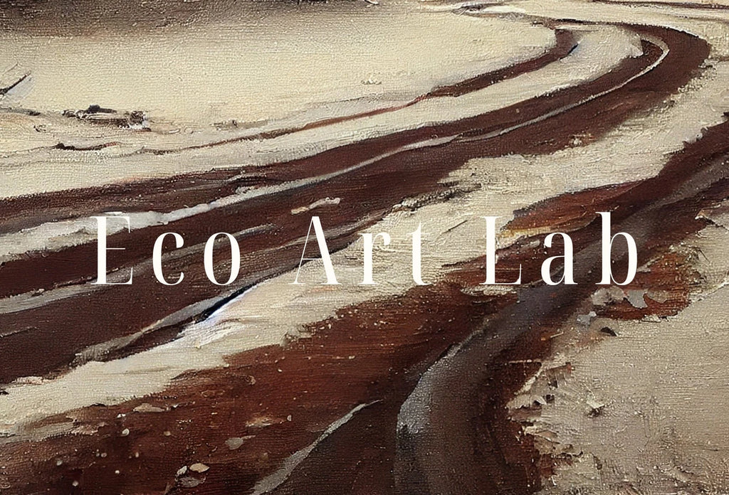 Detail view of artwork from Rustic Winter Painting. Vintage Snowy Road and Mountain Landscape Art Print. Muted Winter Landscape Painting. Printable Digital Download. (variation 2)