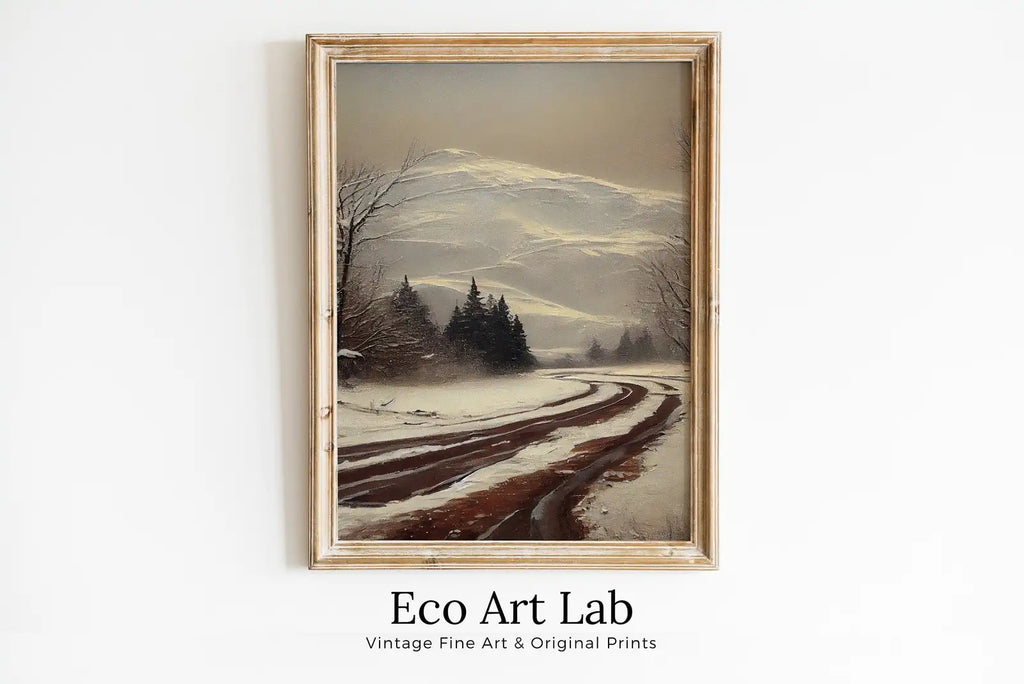 Framed view of Rustic Winter Painting. Vintage Snowy Road and Mountain Landscape Art Print. Muted Winter Landscape Painting. Printable Digital Download – printable wall art digital download.