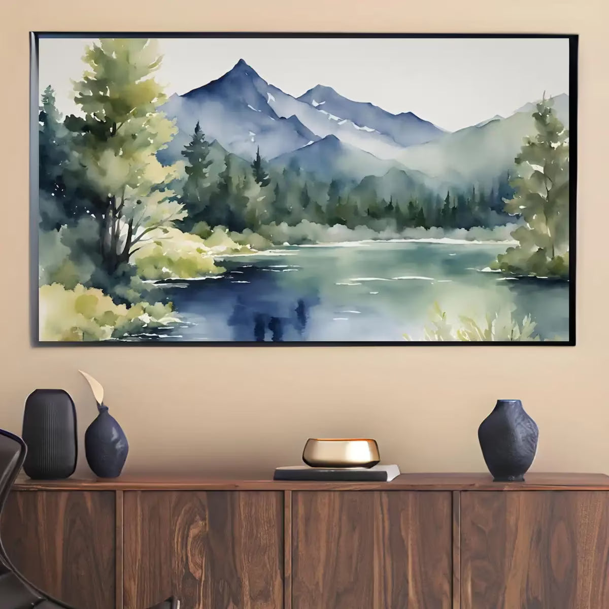 Sage Green Art For Frame TV. Blue Mountain Forest Landscape Wall Artwork. Minimalist Decor For Samsung Frame TV – Frame TV  Art