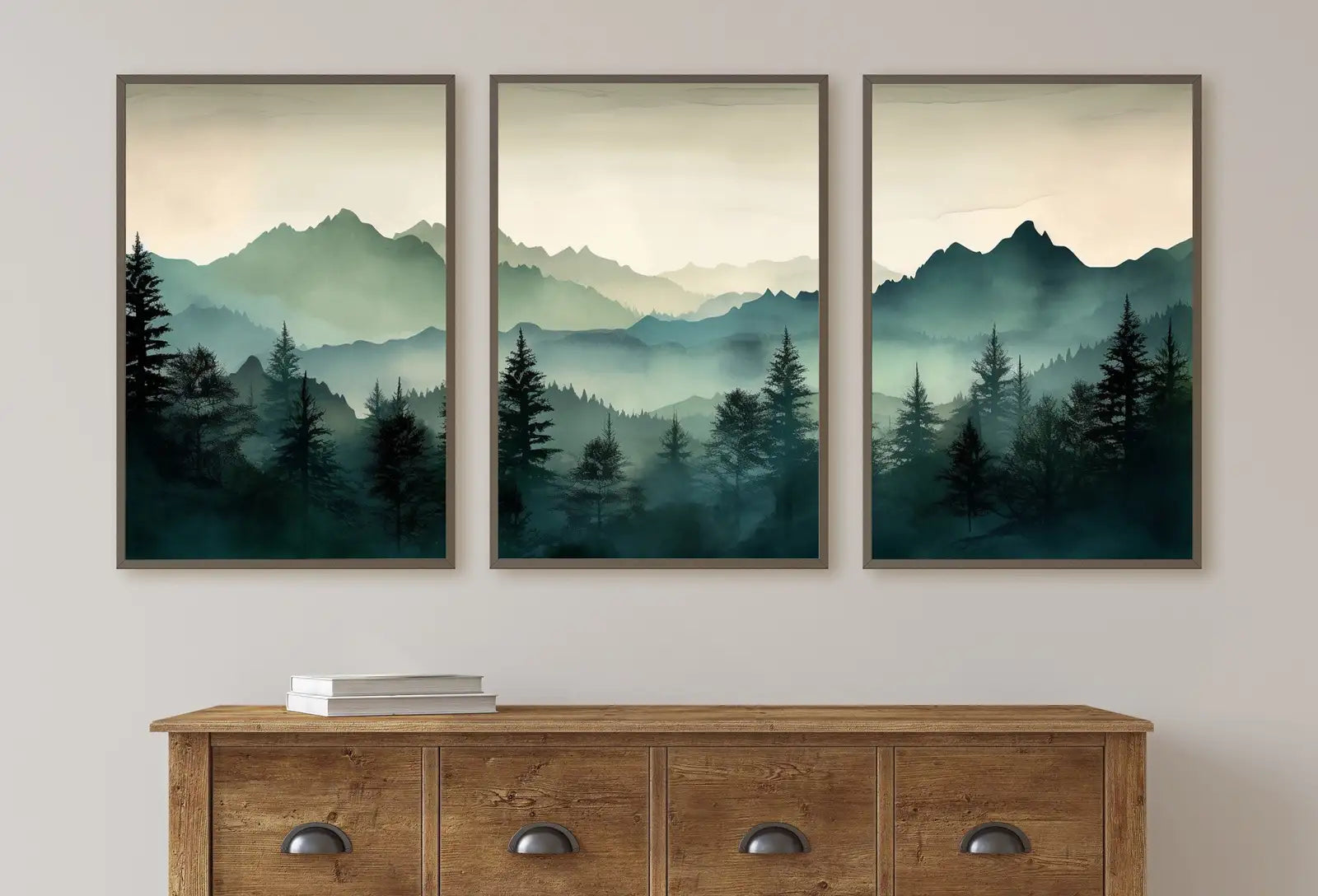 Sage Green Mountain 3 Piece Wall Art | Watercolor Mountain Landscape | Abstract Nature Printable | Modern Minimal Decor | Pine Forest – Printable Wall Art Digital Download