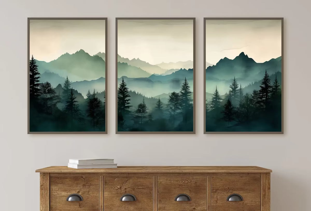 Sage Green Mountain 3 Piece Wall Art | Watercolor Mountain Landscape | Abstract Nature Printable | Modern Minimal Decor | Pine Forest – Printable Wall Art