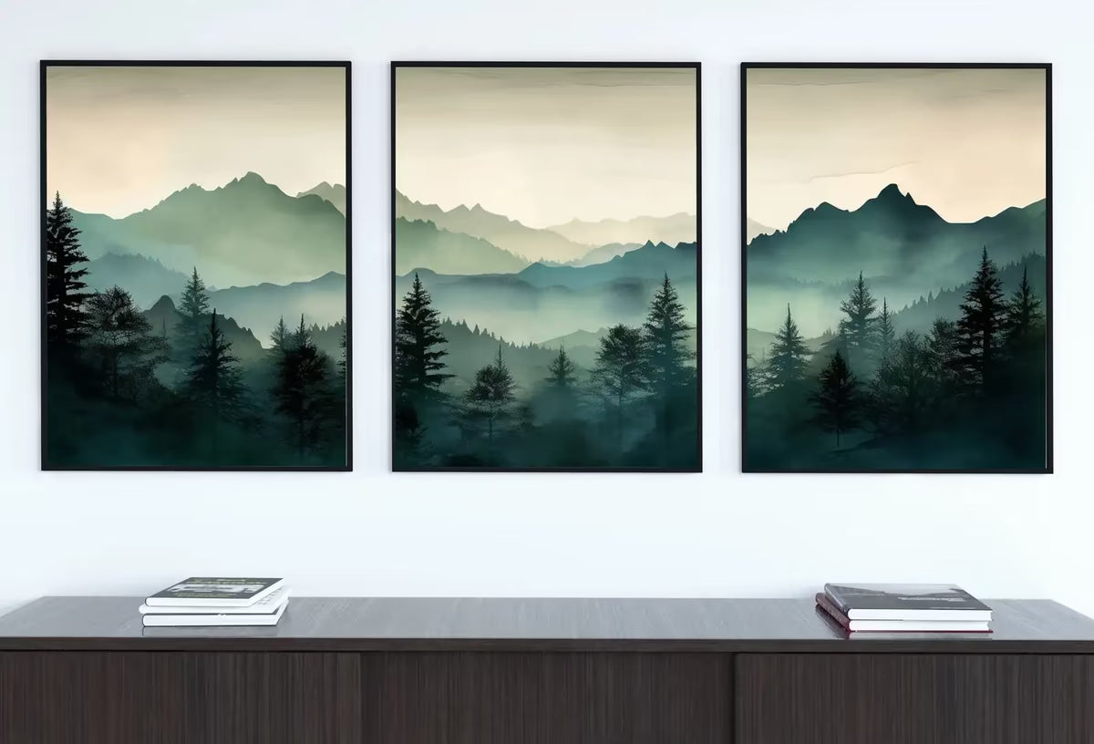Sage Green Mountain 3 Piece Wall Art | Watercolor Mountain Landscape | Abstract Nature Printable | Modern Minimal Decor | Pine Forest – Printable Wall Art