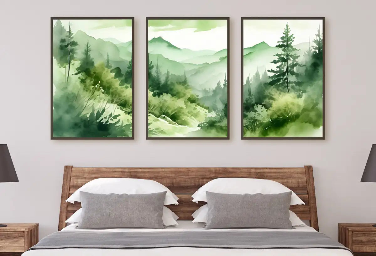 Sage Green Mountain Forest 3 Piece Wall Art. Watercolor Mountain Triptych Printable Painting. Digital Download – Printable Wall Art Digital Download