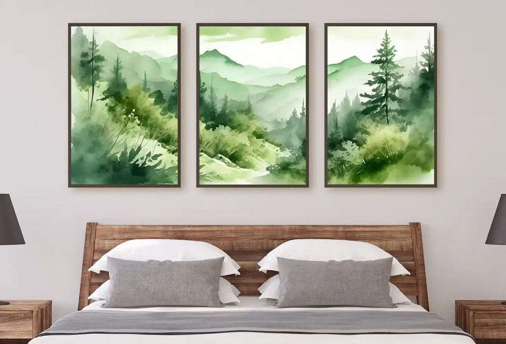 Sage Green Mountain Forest 3 Piece Wall Art. Watercolor Mountain Triptych Printable Painting.  – Printable Wall Art