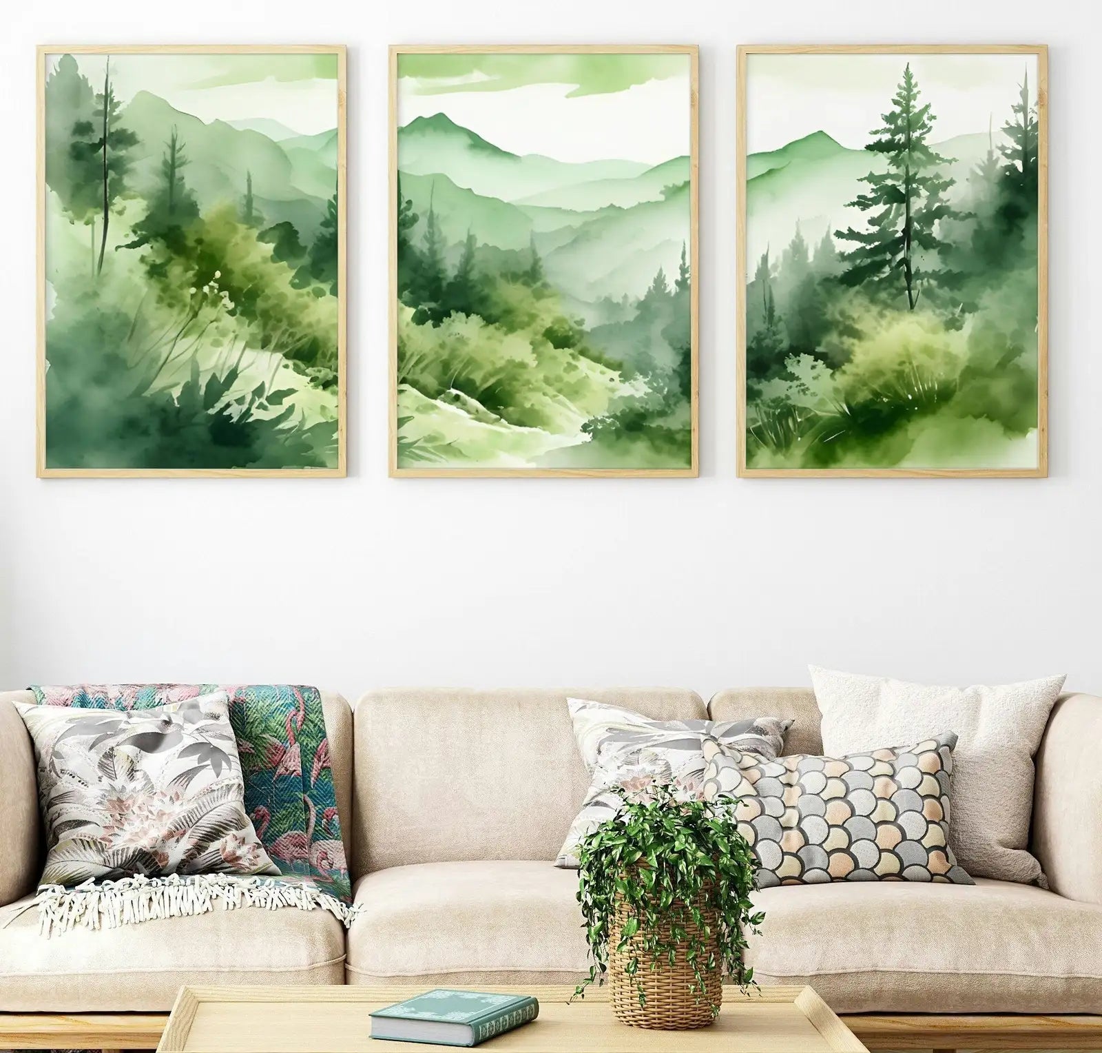 Sage Green Mountain Forest 3 Piece Wall Art. Watercolor Mountain Triptych Printable Painting. Digital Download – Printable Wall Art Digital Download