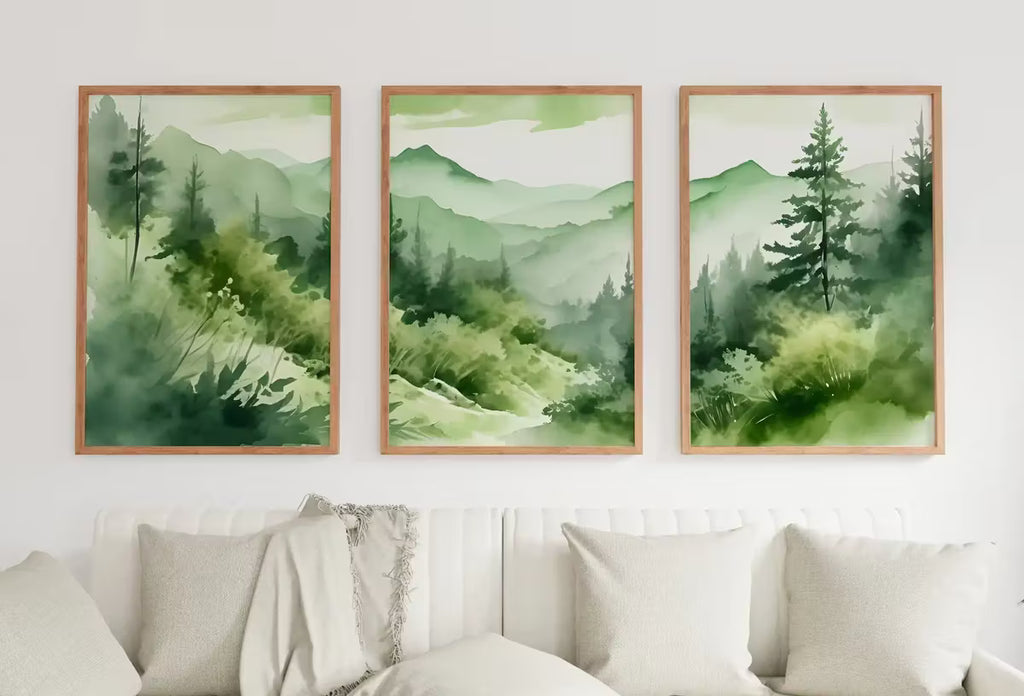 Sage Green Mountain Forest 3 Piece Wall Art. Watercolor Mountain Triptych Printable Painting.  – Printable Wall Art
