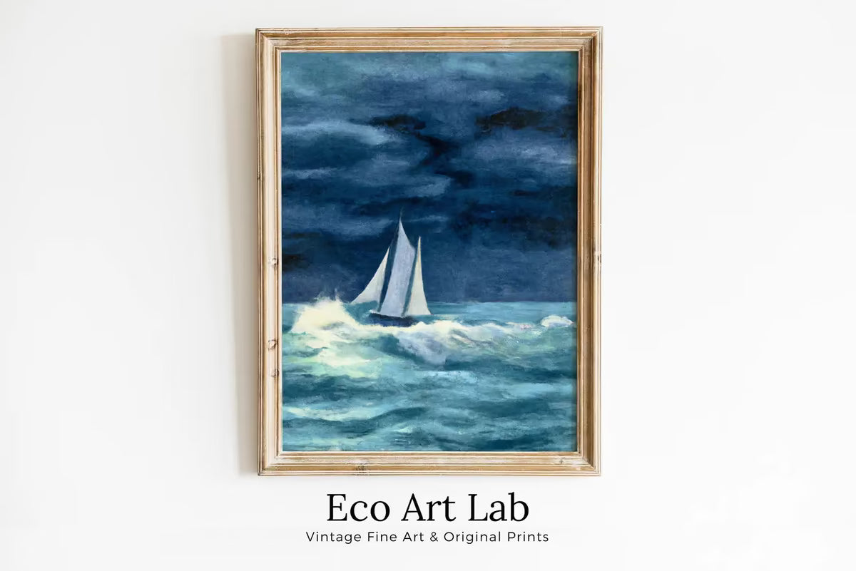 Sail Boat At Stormy Sea Print. Printable Wall Art. Nautical Wall Decor. Sailboat Print Boat Art. Digital Print, Vintage Style Boat Print. – Printable Wall Art