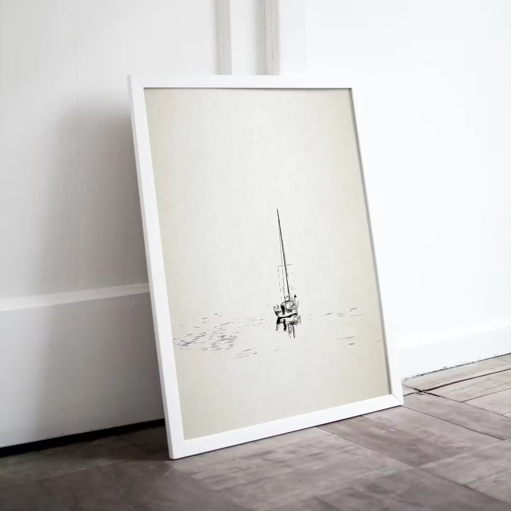 Sailboat Art Print Nautical Wall Art. Minimalist Boat Artwork. Lone Sail Boat at Sea. Neutral Sailboat Decor. Printable Download Digital Art – Printable Wall Art