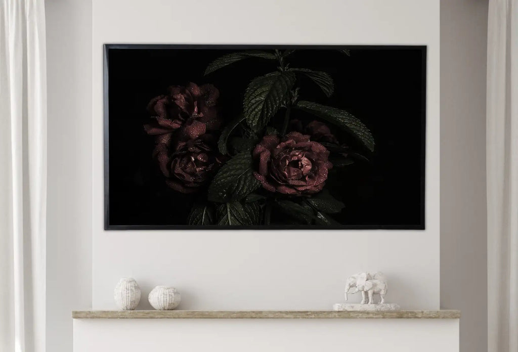 Included artwork preview showing first selection of artworks from Samsung Frame TV 4K Dark Roses Photography Art. Red Roses Decor Flowers Digital Download. Floral Botanical Art Nature Decor.