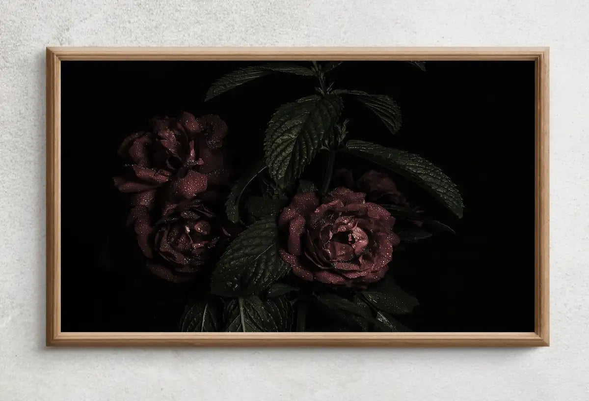Detail view of artwork from Samsung Frame TV 4K Dark Roses Photography Art. Red Roses Decor Flowers Digital Download. Floral Botanical Art Nature Decor. (variation 2)