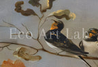Included artwork preview showing first selection of artworks from Samsung Frame TV 4K: Group of Birds Perched on Branches. Oil Vintage Painting (1630).