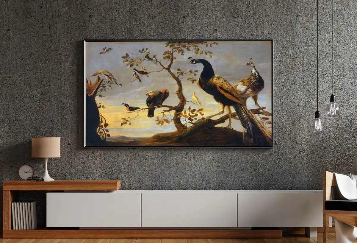 Detail view of artwork from Samsung Frame TV 4K: Group of Birds Perched on Branches. Oil Vintage Painting (1630). (variation 2)
