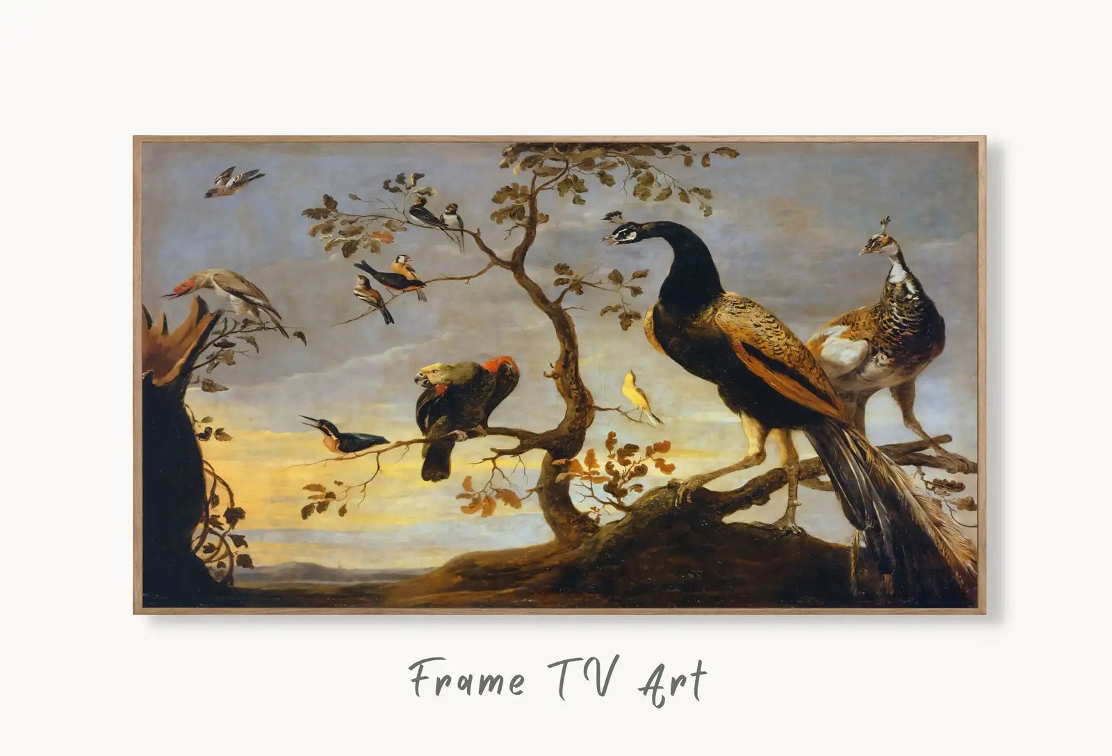 Samsung Frame TV 4K: Group of Birds Perched on Branches. Oil Vintage Painting (1630) displayed on Samsung Frame TV on a living room wall.