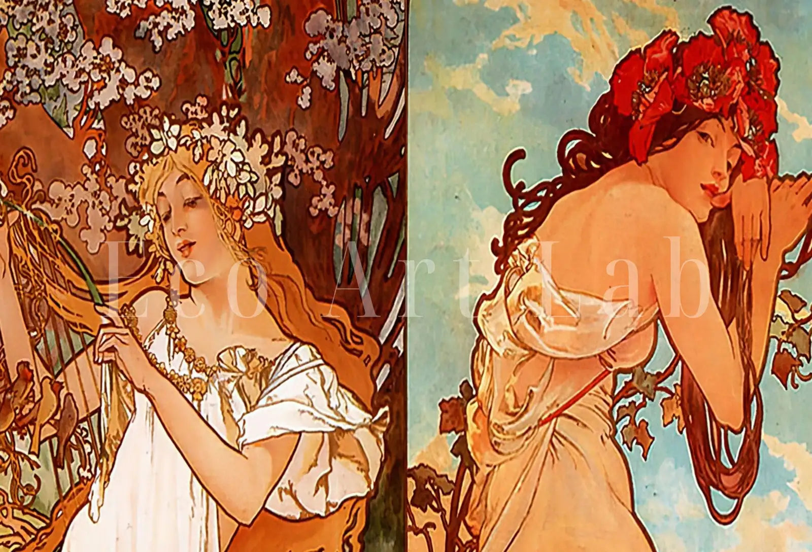 Included artwork preview showing first selection of artworks from Samsung Frame TV Art 4K 4 Seasons by Alphonse Mucha Vintage Painting. Samsung TV Vintage Art. Digital Download Art for Samsung Frame TV.