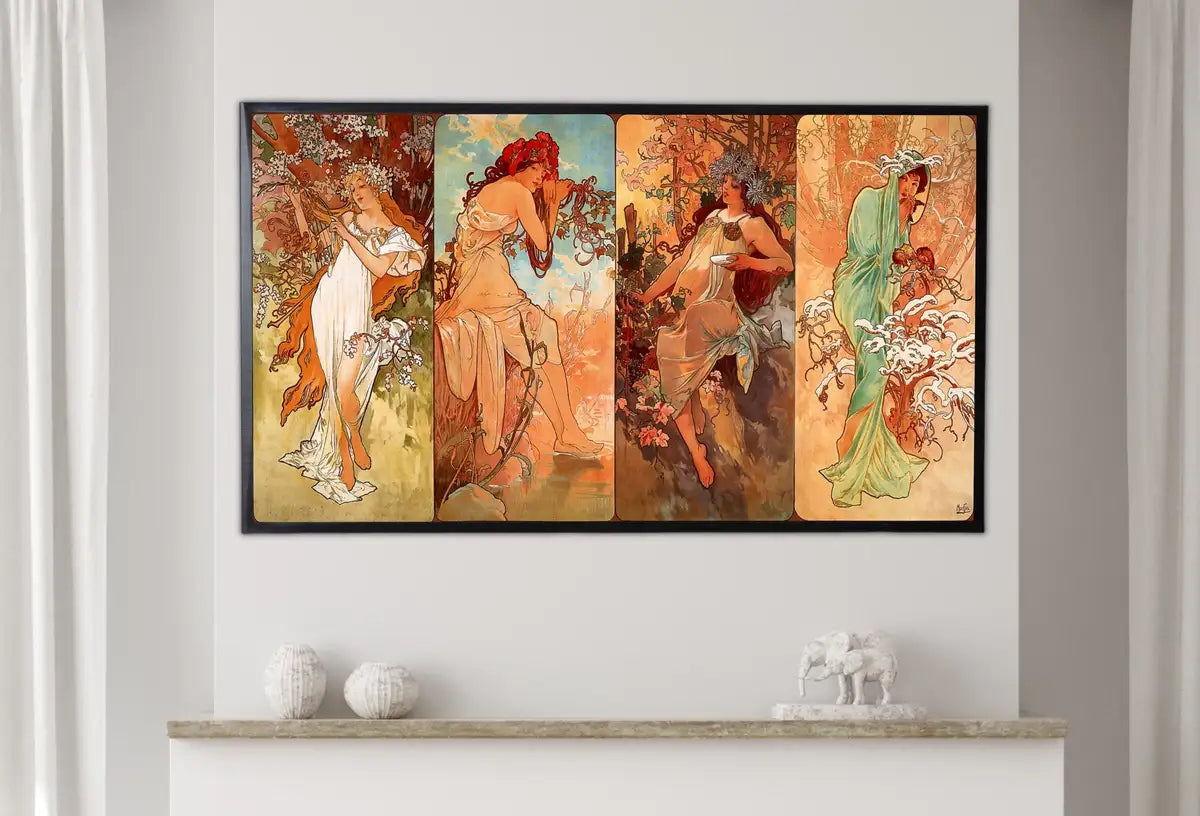 Detail view of artwork from Samsung Frame TV Art 4K 4 Seasons by Alphonse Mucha Vintage Painting. Samsung TV Vintage Art. Digital Download Art for Samsung Frame TV. (variation 2)