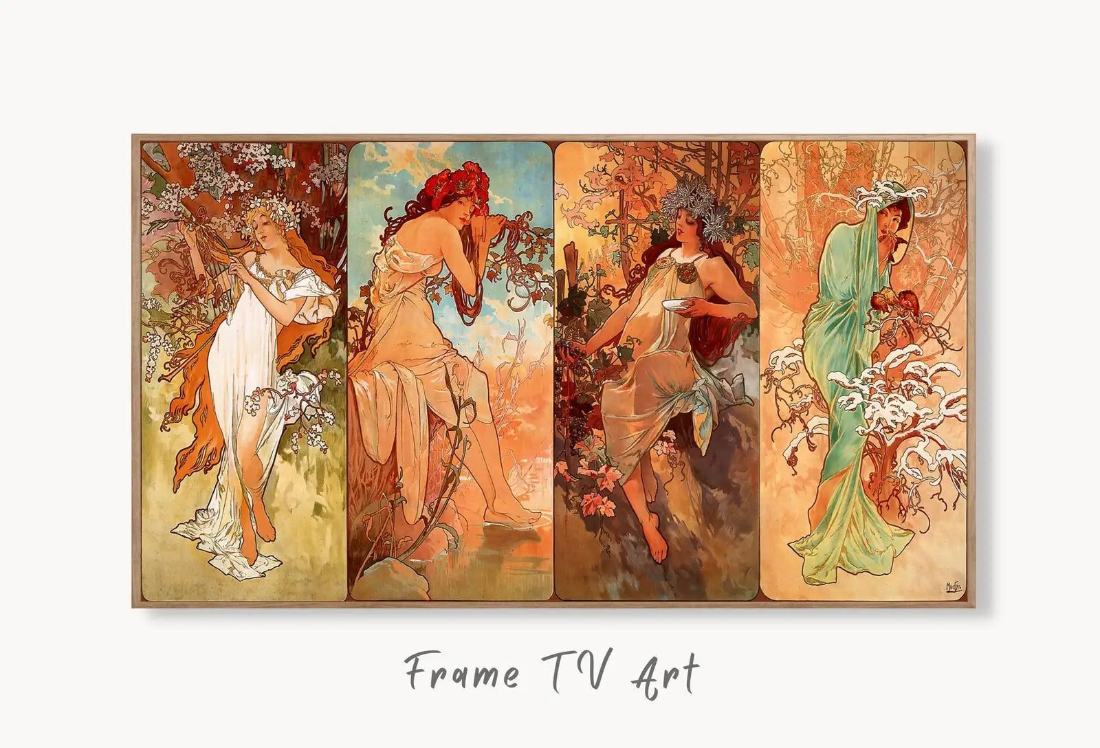 Samsung Frame TV Art 4K 4 Seasons by Alphonse Mucha Vintage Painting. Samsung TV Vintage Art. Digital Download Art for Samsung Frame TV displayed on Samsung Frame TV on a living room wall.