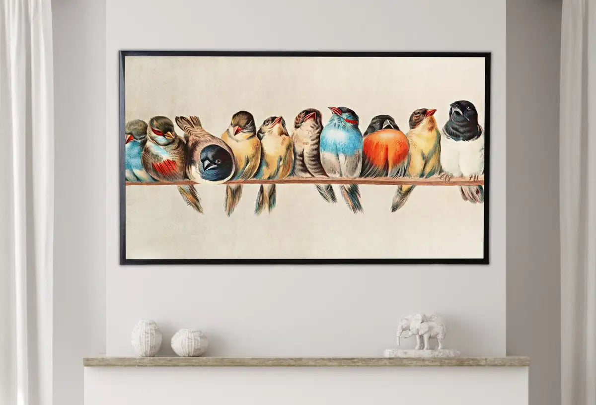 Detail view of artwork from Samsung Frame TV Art 4k & 8K Birds Vintage Art. Samsung TV Art Vintage Painting. Digital Download, Perching Birds Art for Samsung Frame TV. (variation 2)