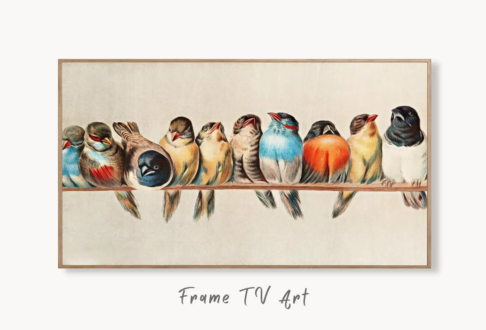 Samsung Frame TV Art 4k & 8K Birds Vintage Art. Samsung TV Art Vintage Painting. Digital Download, Perching Birds Art for Samsung Frame TV displayed on Samsung Frame TV on a living room wall.