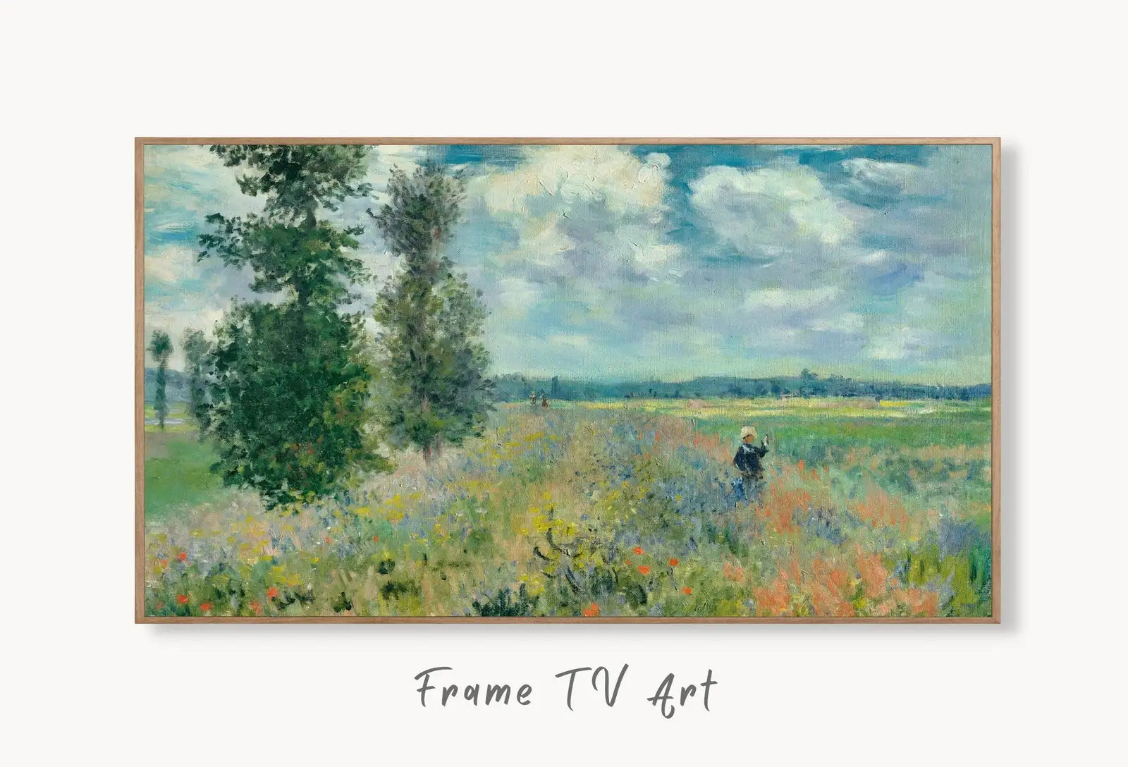 Samsung Frame TV Art 4K & 8K Famous Poppy Field Claude Monet Painting. Instant Download Landscape Wall Art for the Frame TV Vintage Wall Art displayed on Samsung Frame TV on a living room wall.