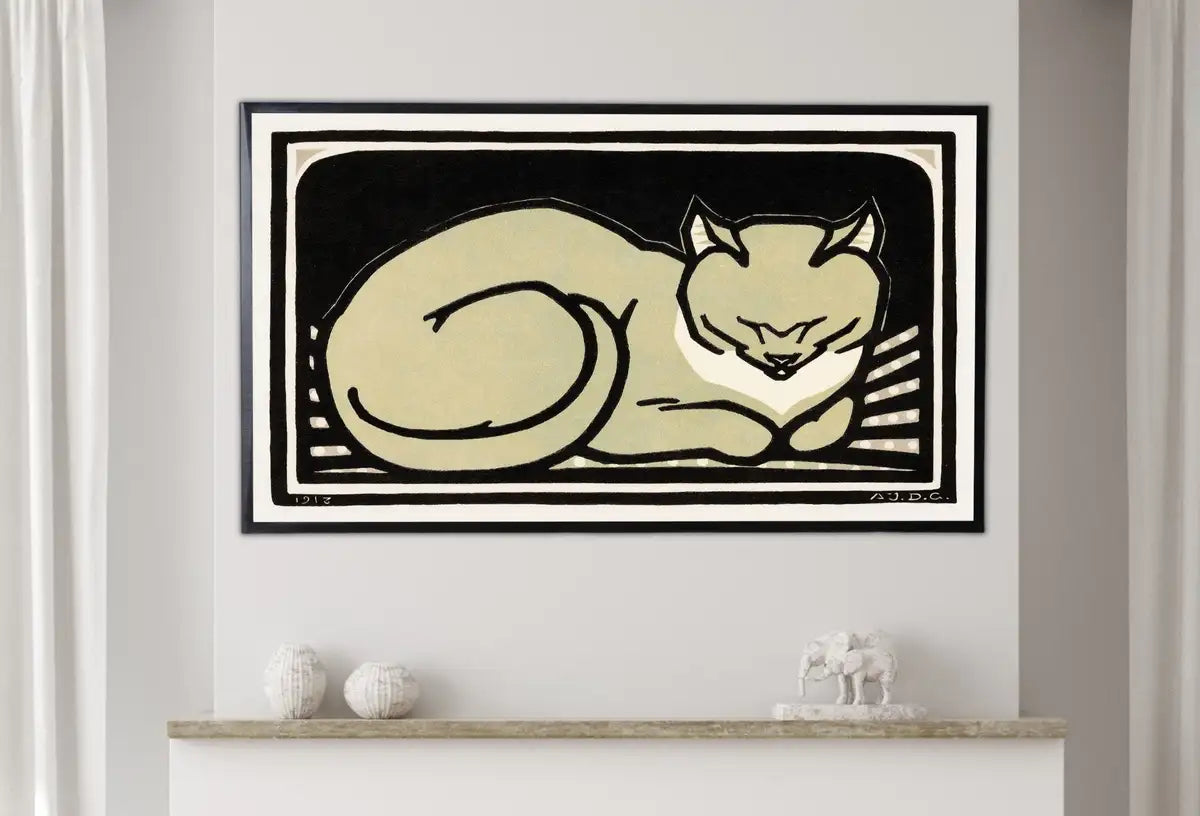 Detail view of artwork from Samsung Frame TV Art 4K A Sleeping Cat Vintage Art Nouveau Painting. Instant Download Cat Art for the Samsung Frame TV. Art for TV. (variation 2)