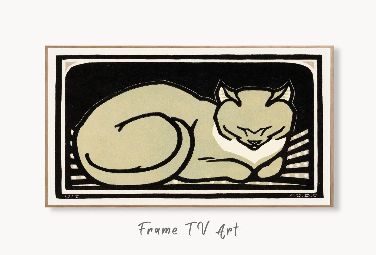 Samsung Frame TV Art 4K A Sleeping Cat Vintage Art Nouveau Painting. Instant Download Cat Art for the Samsung Frame TV. Art for TV displayed on Samsung Frame TV on a living room wall.