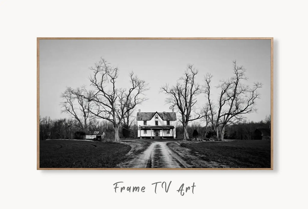 Samsung Frame TV Art 4K Abandoned Haunted House. Dark Creepy Landscape Instant Download. Scary Frame TV Art. Art for the Samsung Frame TV displayed on Samsung Frame TV on a living room wall.