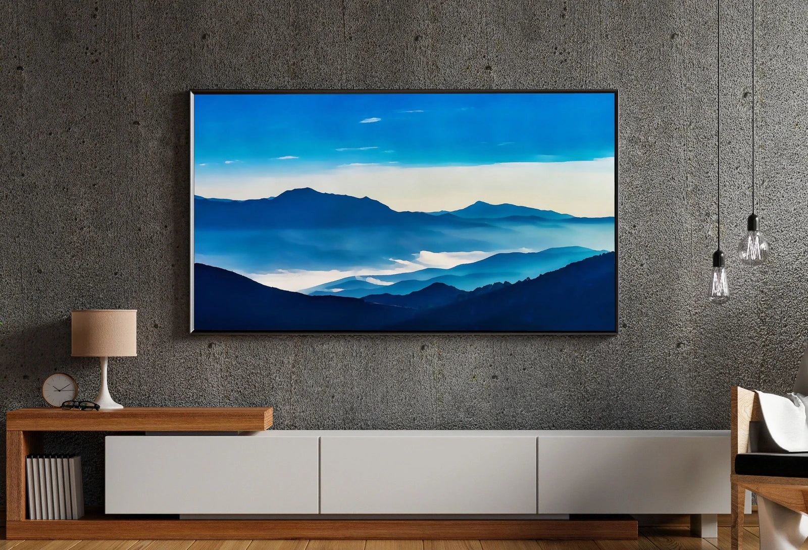 Detail view of artwork from Samsung Frame TV Art 4K Abstract Blue Mountain Landscape Wall Art. Instant Download Mountain Digital Painting Blue Wall Art for the Frame TV. (variation 1)