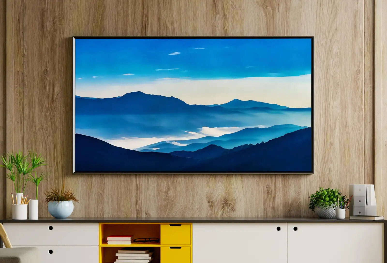 Detail view of artwork from Samsung Frame TV Art 4K Abstract Blue Mountain Landscape Wall Art. Instant Download Mountain Digital Painting Blue Wall Art for the Frame TV. (variation 2)