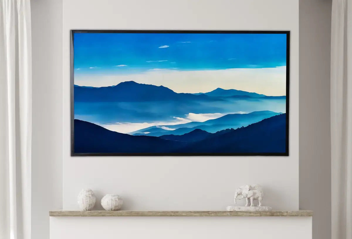 Detail view of artwork from Samsung Frame TV Art 4K Abstract Blue Mountain Landscape Wall Art. Instant Download Mountain Digital Painting Blue Wall Art for the Frame TV. (variation 5)