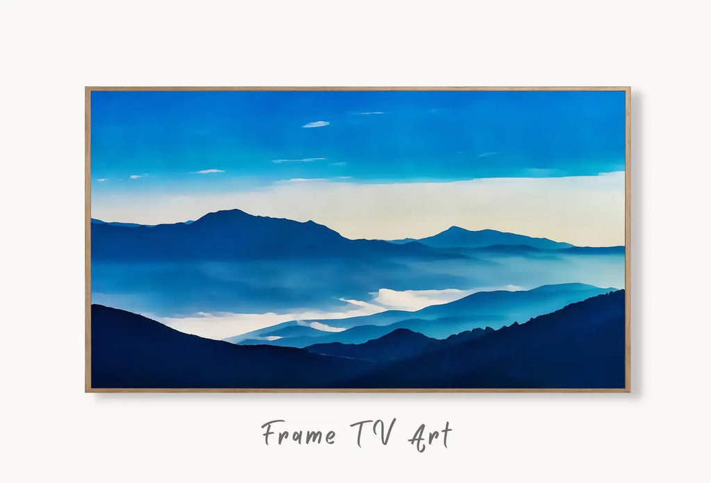 Collage of artworks from Samsung Frame TV Art 4K Abstract Blue Mountain Landscape Wall Art. Instant Download Mountain Digital Painting Blue Wall Art for the Frame TV Frame TV Art Collection – digital download set.