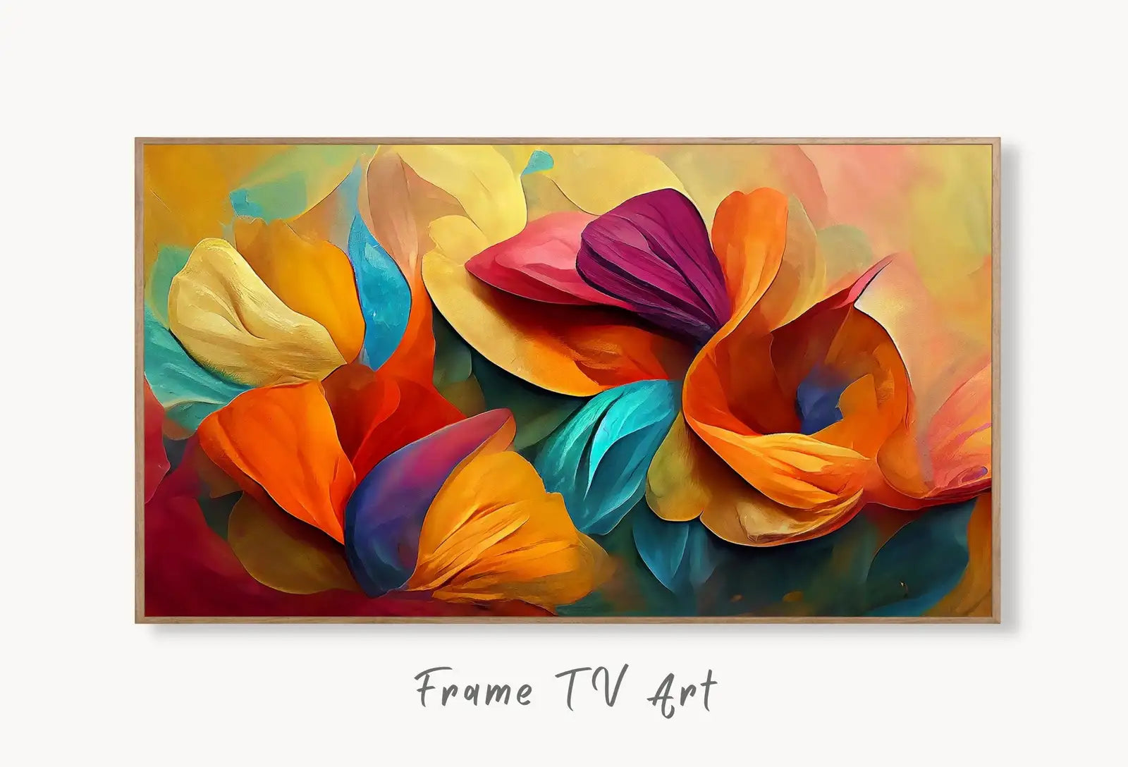 Samsung Frame TV Art 4K Abstract Colorful Flower Petals. Instant Download Botanical Leaves Digital Painting. Modern Floral Art for Frame TV displayed on Samsung Frame TV on a living room wall.