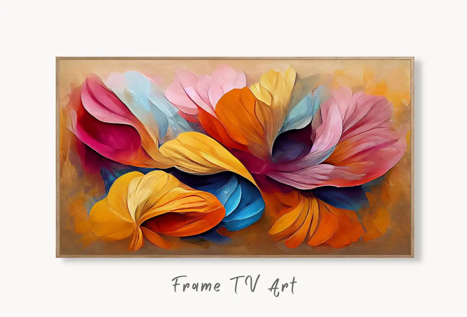 Samsung Frame TV Art 4K Abstract Colorful Flower Petals. Modern Floral Art for Frame TV. Instant Download Botanical Leaves Digital Painting. displayed on Samsung Frame TV on a living room wall.