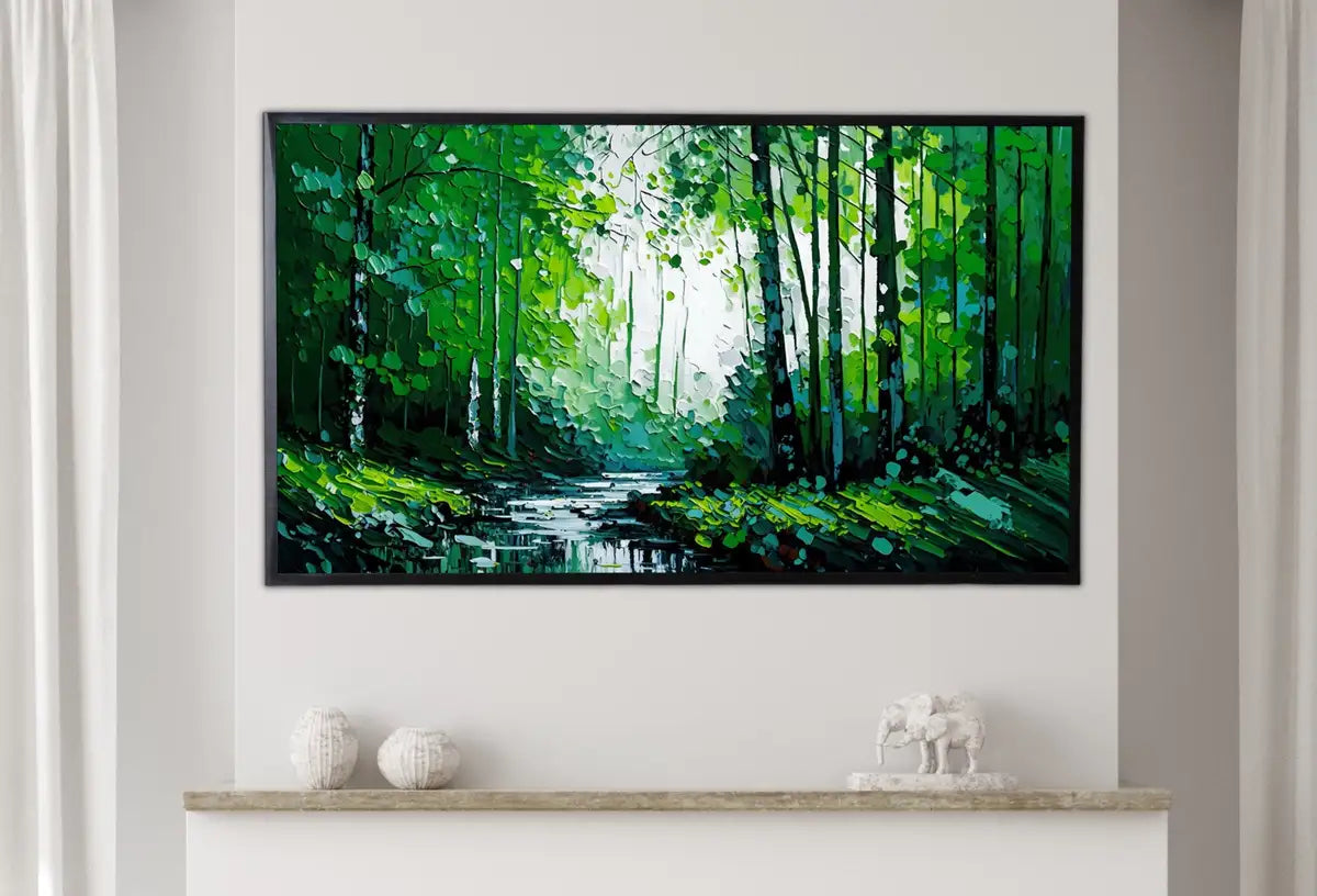 Detail view of artwork from Samsung Frame TV Art 4K Abstract Textured Forest & River Landscape Painting. Instant Download Forest Art for Samsung Frame TV. Art for TV. (variation 2)