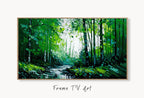 Samsung Frame TV Art 4K Abstract Textured Forest & River Landscape Painting. Instant Download Forest Art for Samsung Frame TV. Art for TV displayed on Samsung Frame TV on a living room wall.