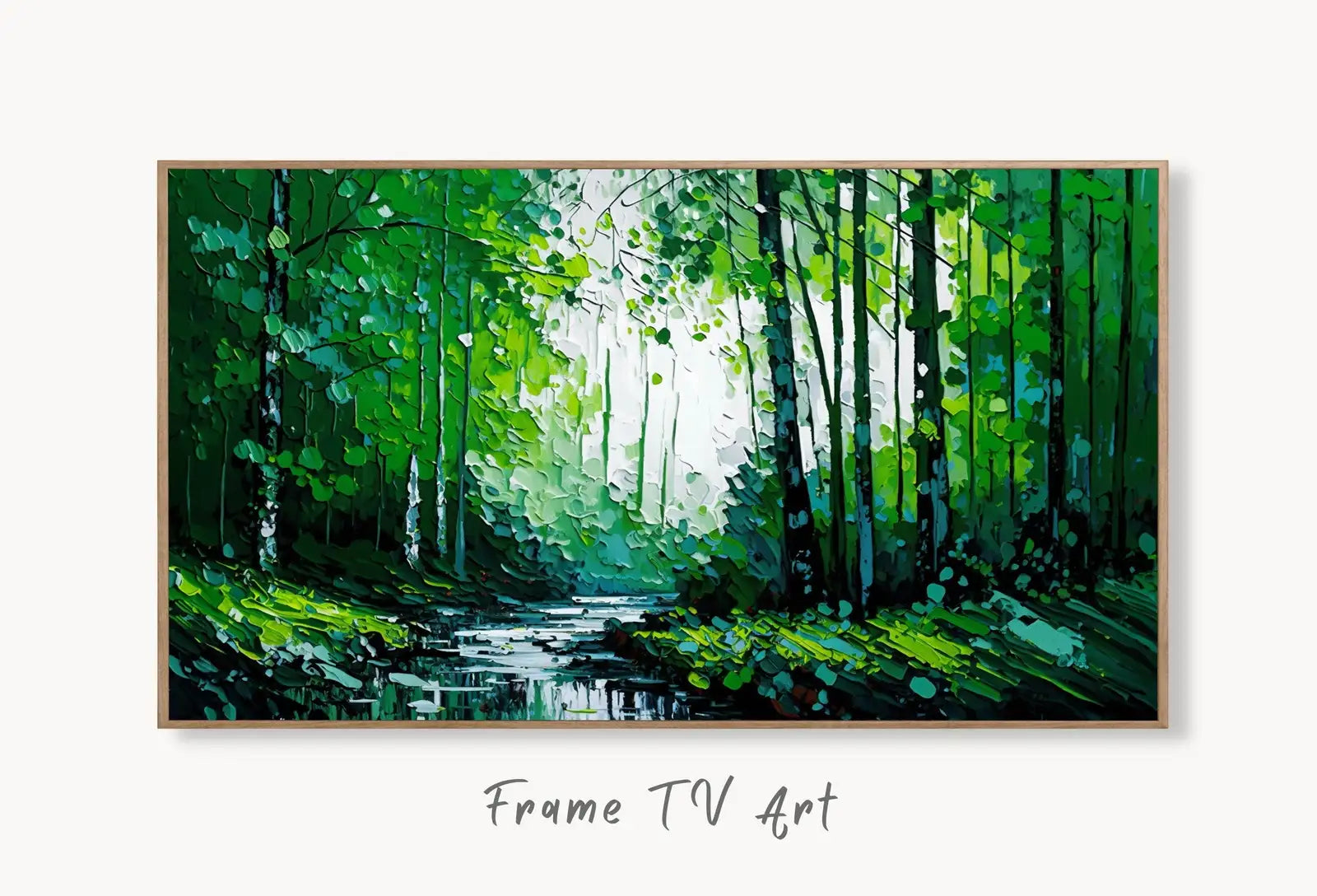 Samsung Frame TV Art 4K Abstract Textured Forest & River Landscape Painting. Instant Download Forest Art for Samsung Frame TV. Art for TV displayed on Samsung Frame TV on a living room wall.