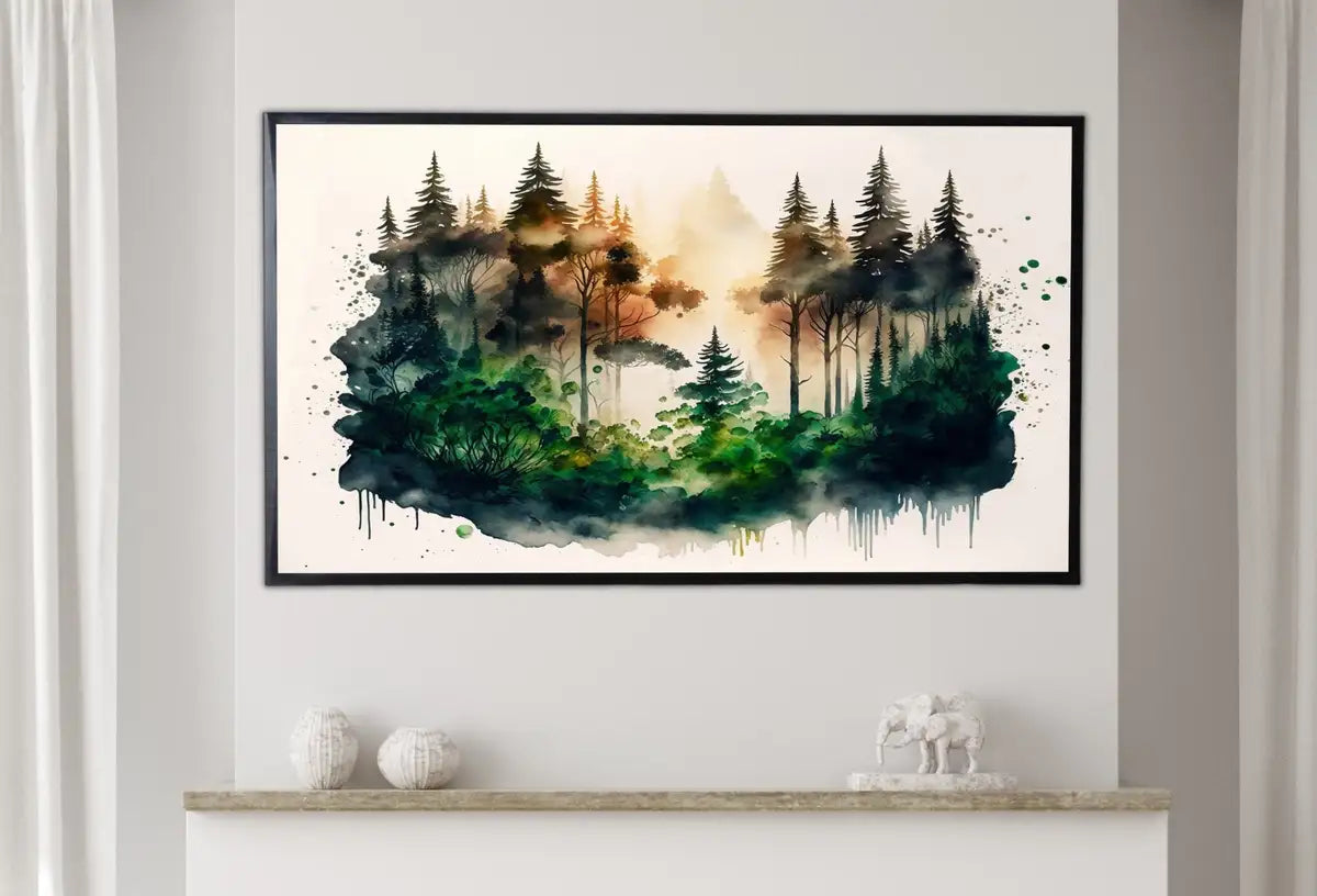 Detail view of artwork from Samsung Frame TV Art 4K Abstract Watercolor Forest Landscape Painting. Instant Download Minimalist Art for Samsung Frame TV. Art for TV. (variation 2)