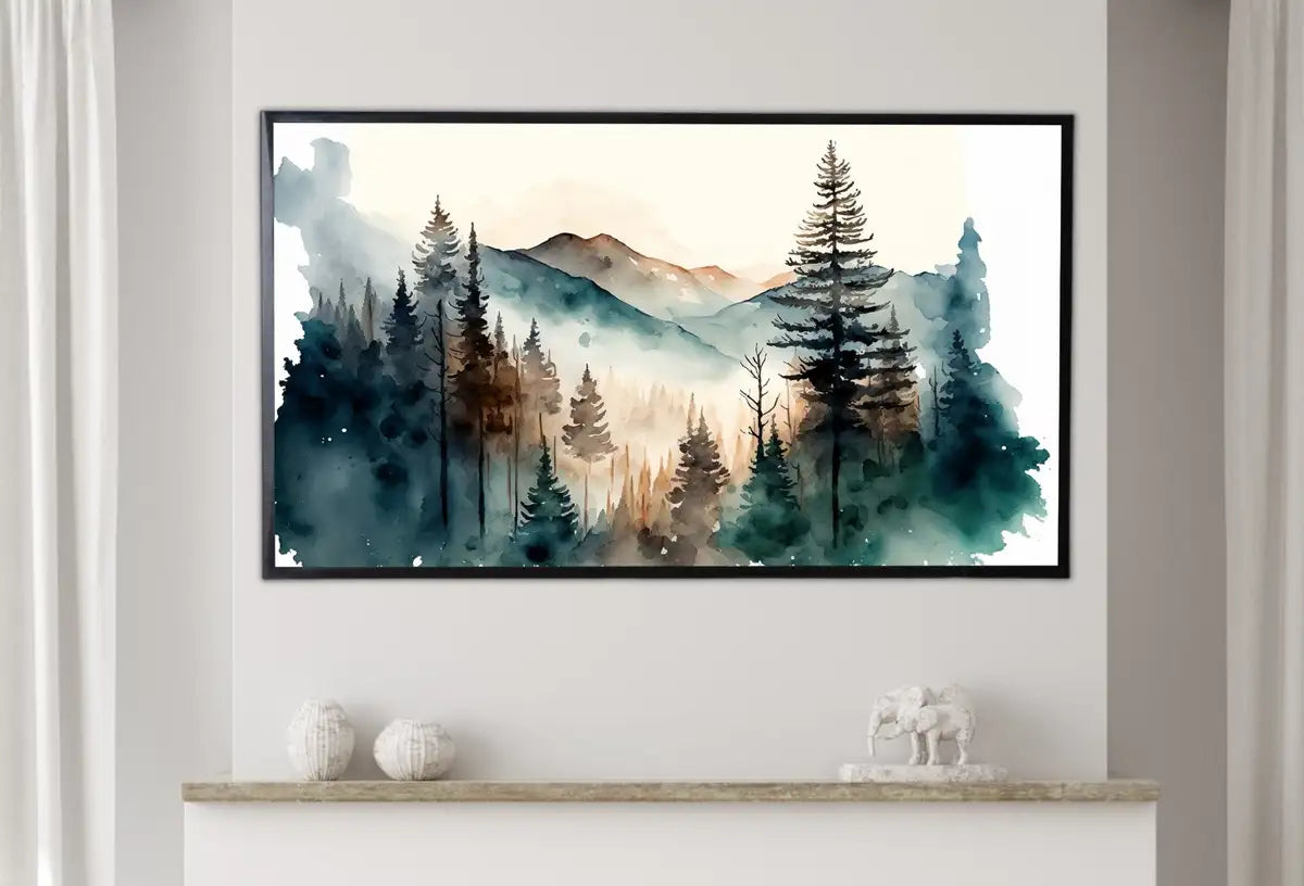 Detail view of artwork from Samsung Frame TV Art 4K Abstract Watercolor Forest Mountain Landscape Painting. Instant Download Forest Art for Samsung Frame TV. Art for TV. (variation 2)